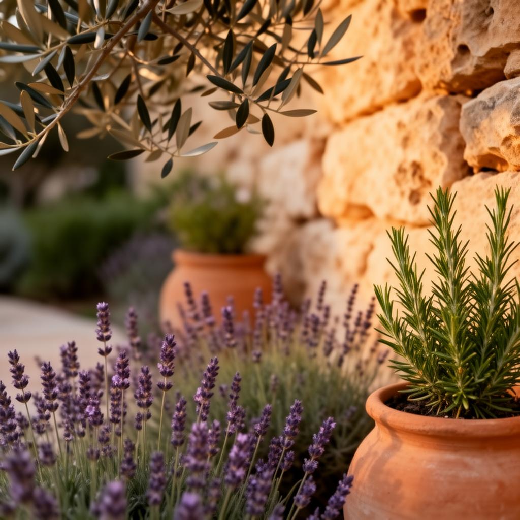 Mediterraner Gartendetail mit Olive, Lavendel und Terrakotta